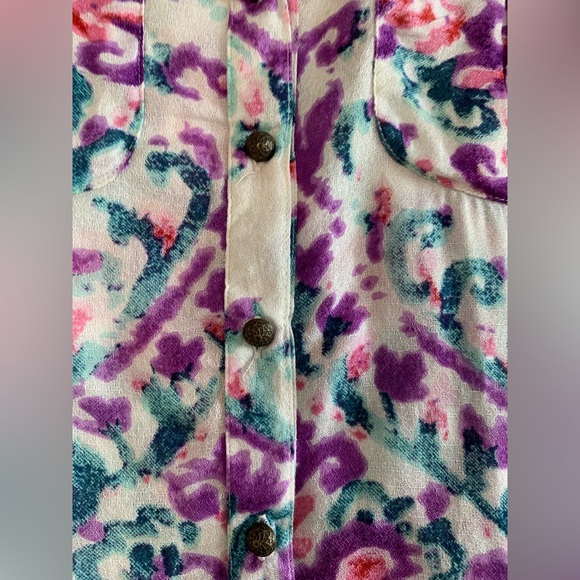 NWOT Aratta Cream Sleeveless Button DownTank with Purple & Teal Print - Picture 7 of 16